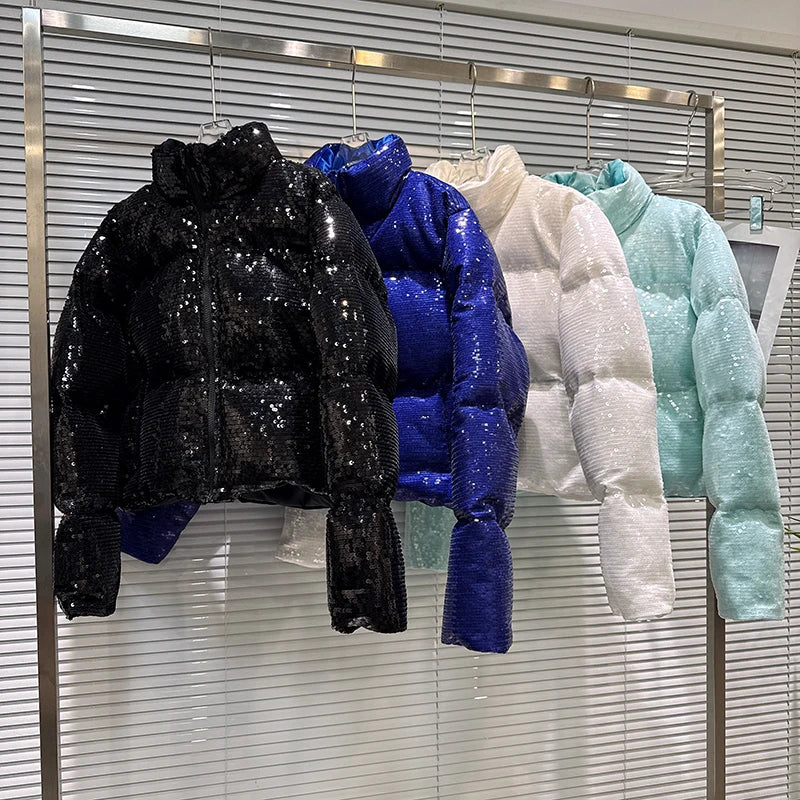 Shiny Sequin Stand Collar Padded Winter Jacket For Women