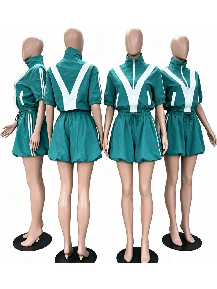 Short Sleeve Zipper Top and Mini Skirt Matching Set for Women
