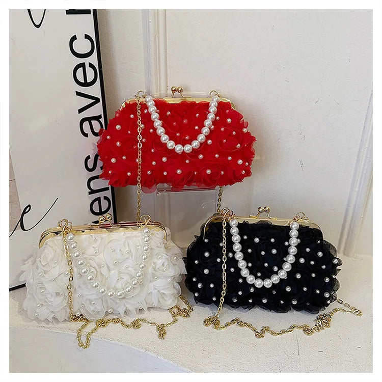 Pearl Floral Chain Evening Crossbody Bag