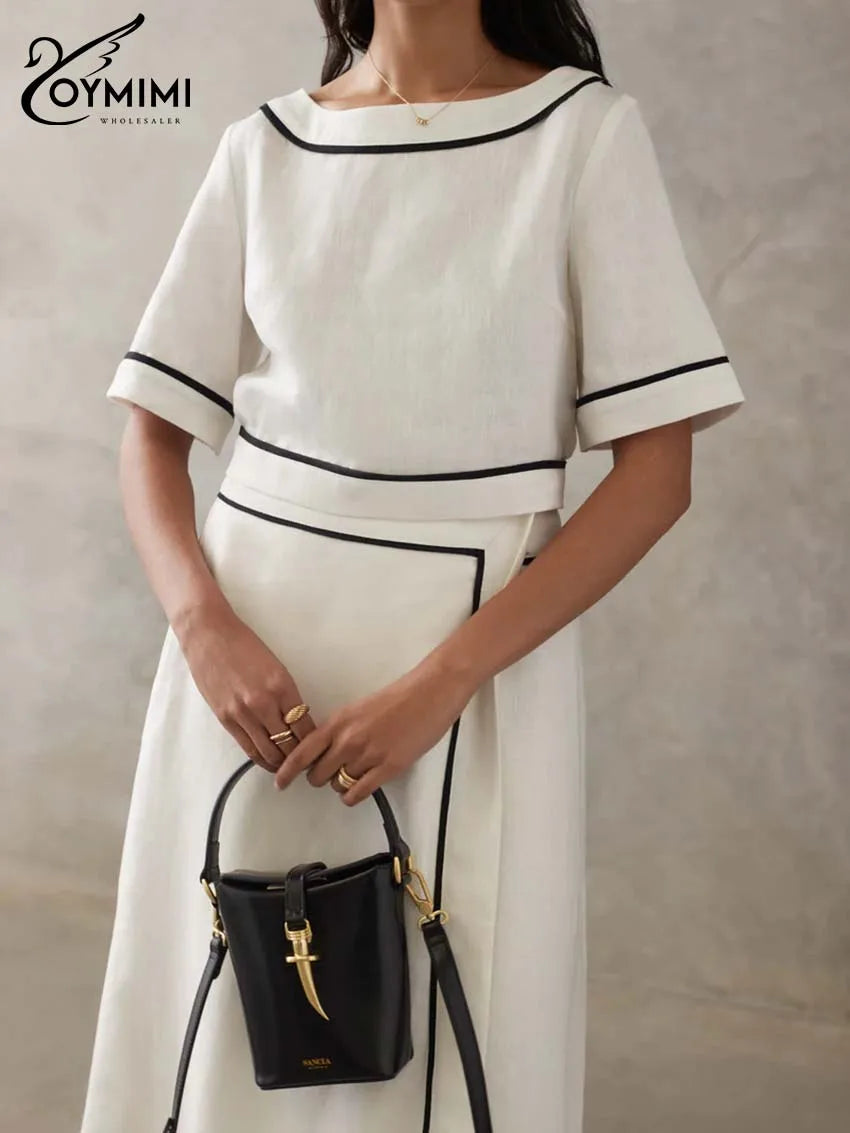 Oymimi Fashion White Cotton Two Piece Outfits Woman Elegant O-Neck Patchwork Short Sleeve Open Back Tops And Straight Skirts Set