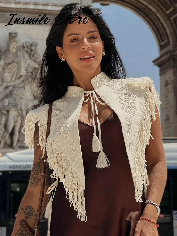 Soft Textured Embroidered Tassel Fringe Shawl For Women