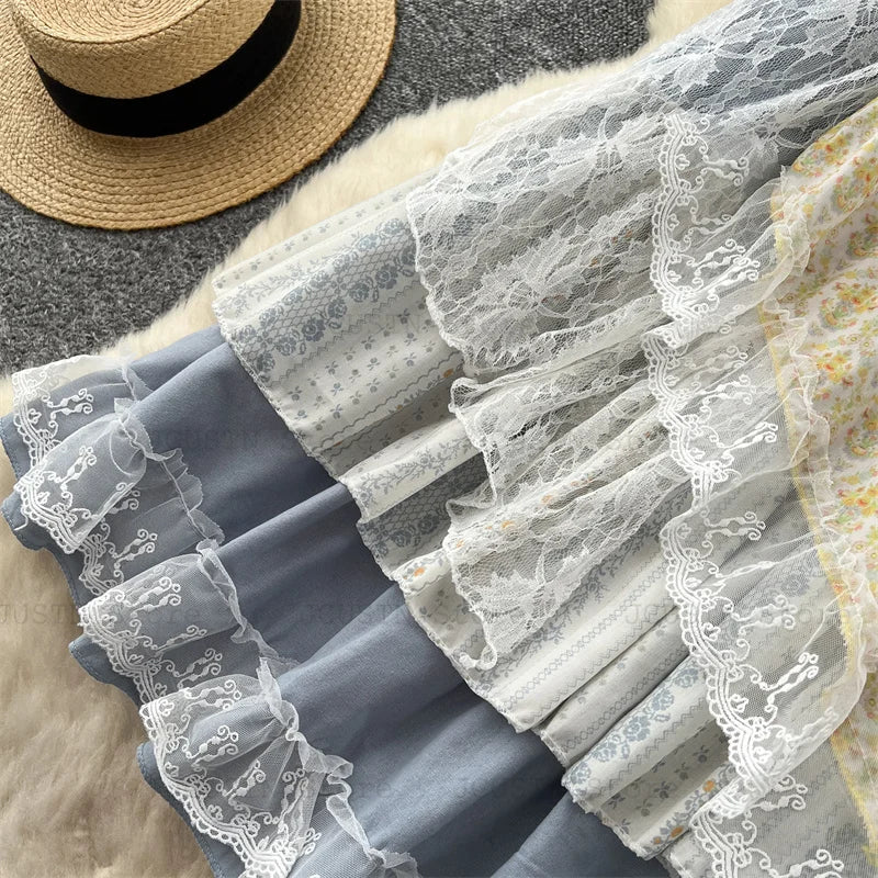 High-Waist Patchwork Lace-Up Skirt