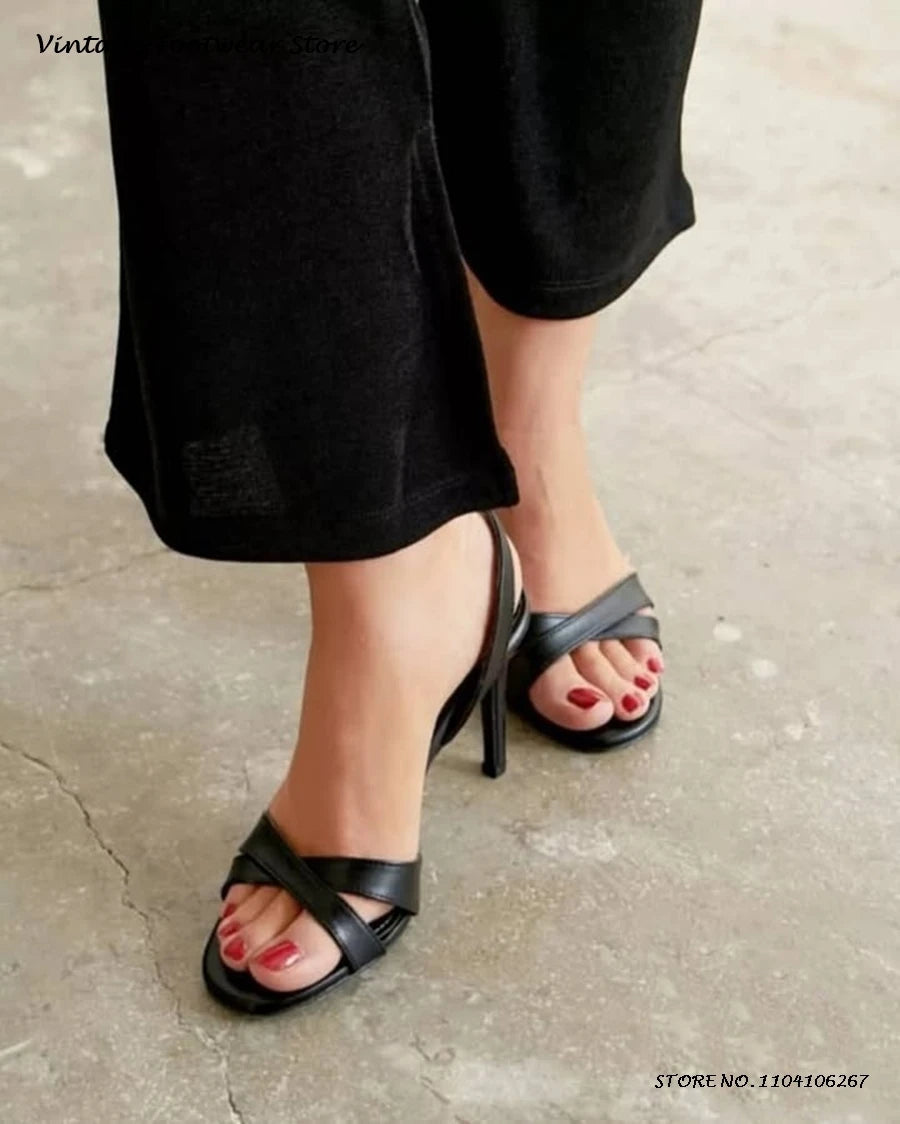 Cross-Strap Leather Slingback Stiletto Sandals for Women