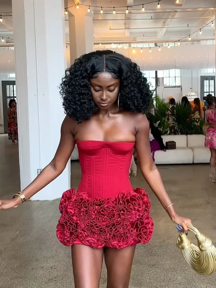 Women's Sexy Strapless Red Mini Skirt and Off-Shoulder Corset Top Two-Piece Set Lace Up Elegant Quality Luxury Party Dress