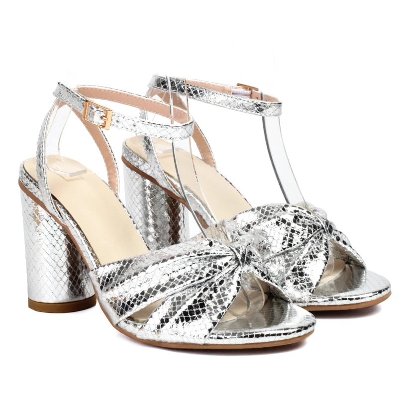 Metallic Block Heel Ankle Strap Sandals