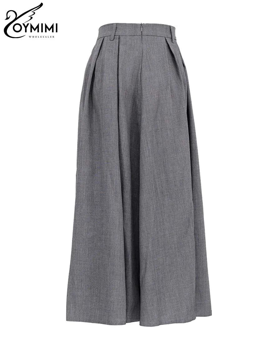 Oymimi Elegant Grey Loose Skirts For Women Casual High Waist Pleated Skirts Fashion New Solid Ankle-Length Skirts Streetwear