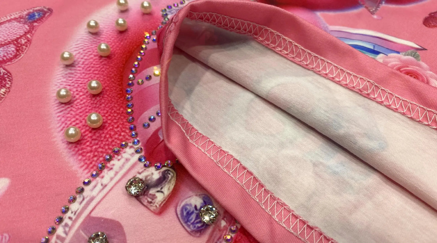 Cartoon Bear Heavy Industry Bead Crew Neck Short Sleeve T-Shirt Summer Printed Fashion Half Sleeve Top Women's Clothing