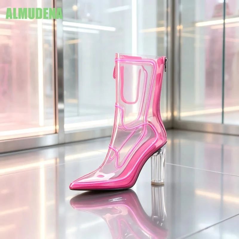 Pointed Toe Transparent Chunky Heel Ankle Boots for Women