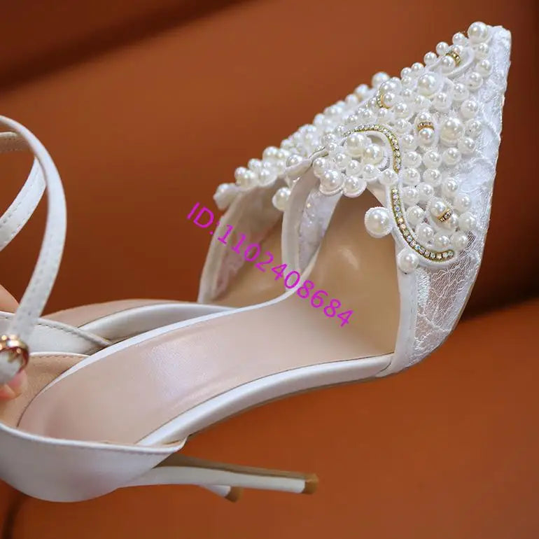 White Pearl Lace Pointed Toe Plus Size High Heel Wedding Shoes For Women