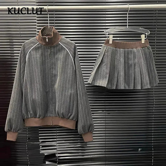 KUCLUT 2025 Autumn New Fashion Striped Contrast Color Zipper Jacket Elastic Waist Pleated Skirt Two-pieces Set For Women 1A1217