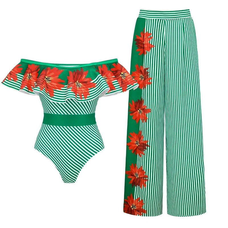 Striped Off Shoulder Bikini Set with High Waist Skirt for Women