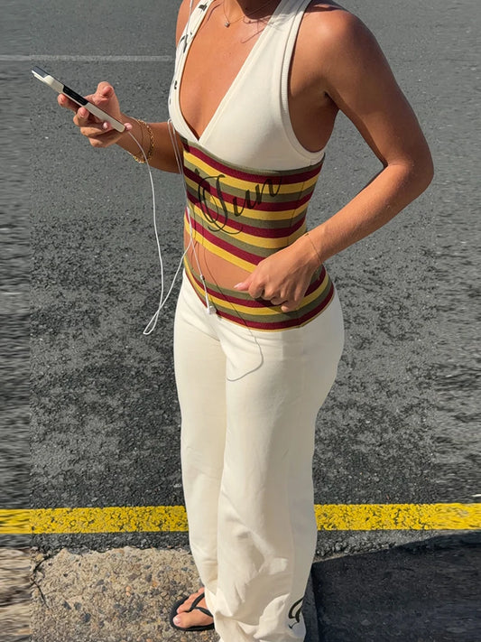 Striped V Neck Tank Top And Wide Leg Pants Set for Women
