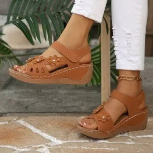 Modern Floral Buckle Wedge Sandals