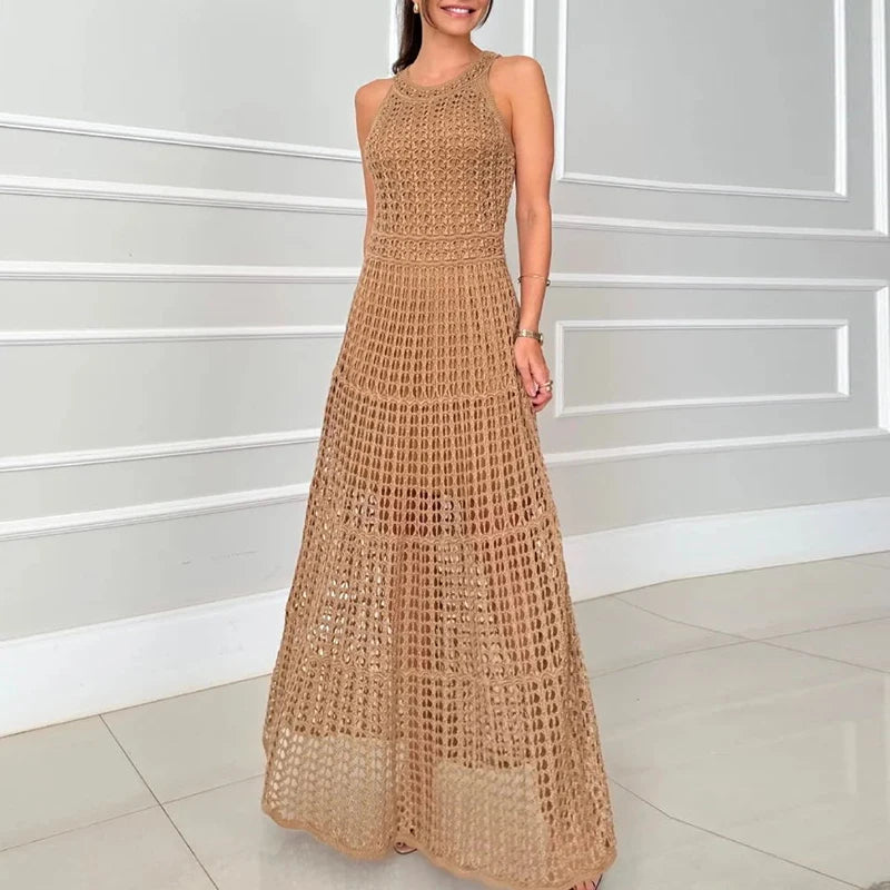 Casual Summer Solid Color O Neck Hollow Knit Sleeveless Maxi Dress for Women