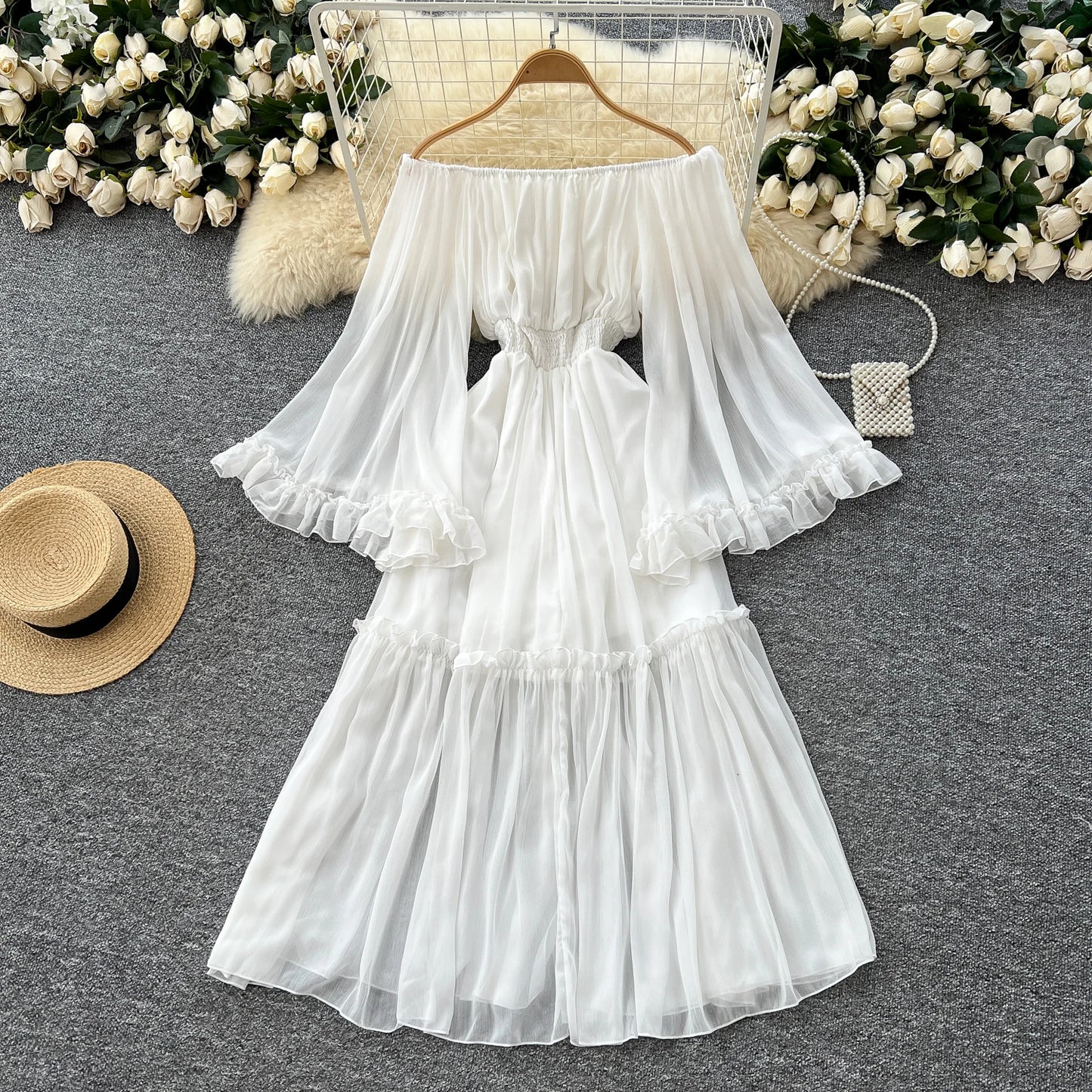 Off-Shoulder Pleated Satin Maxi Dress