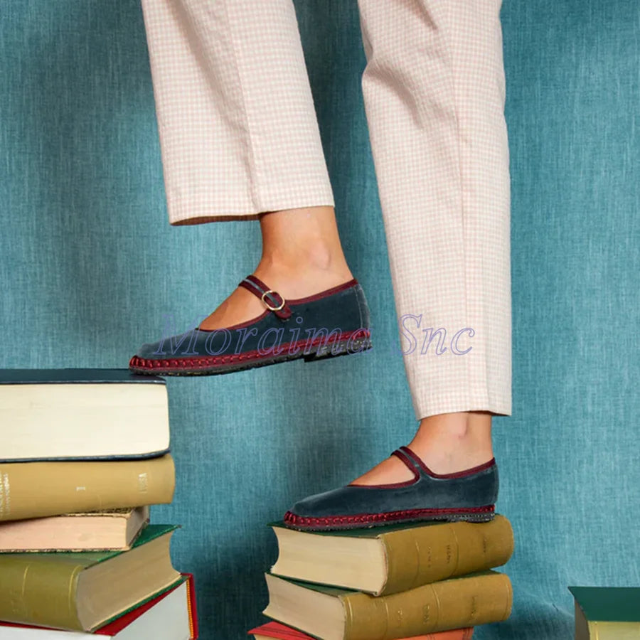 Round Toe Grey Velvet Mary Jane Ballet Flats for Women