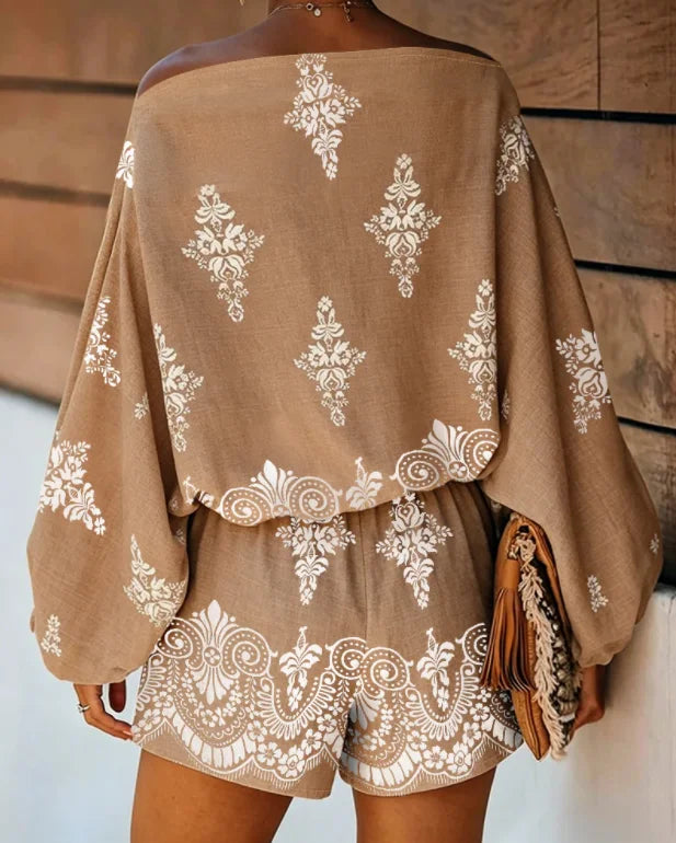 Vintage Floral Off Shoulder Top and Shorts Set for Women