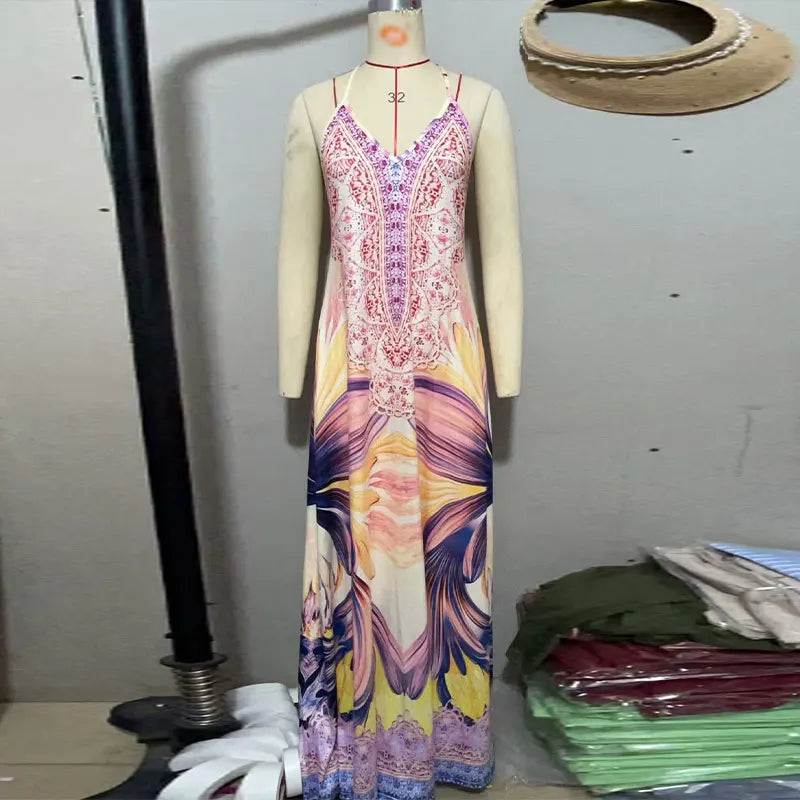 Beach Print Halter Neck Backless Long Dress for Women