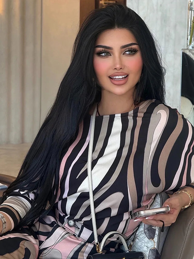 Geometric Print Top pant suits Women two pieces set round neck long sleeve Blouse loose pant Vacation Beach vacation pant outfit