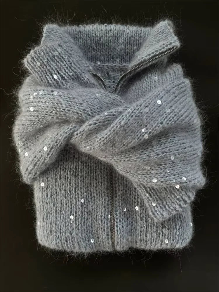 Sequins Knit Women 's Sweater Elegant Stand Collar Y2k Full Sleeve Sweaters Lady 2025 New Autumn Winter Woman Jacket Knitwear