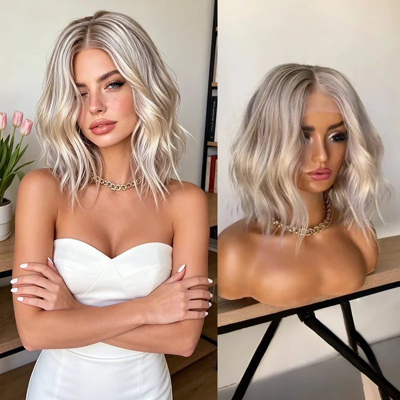 Platinum Icy Blonde Ombre Lace Front Wavy Bob Wig For Women