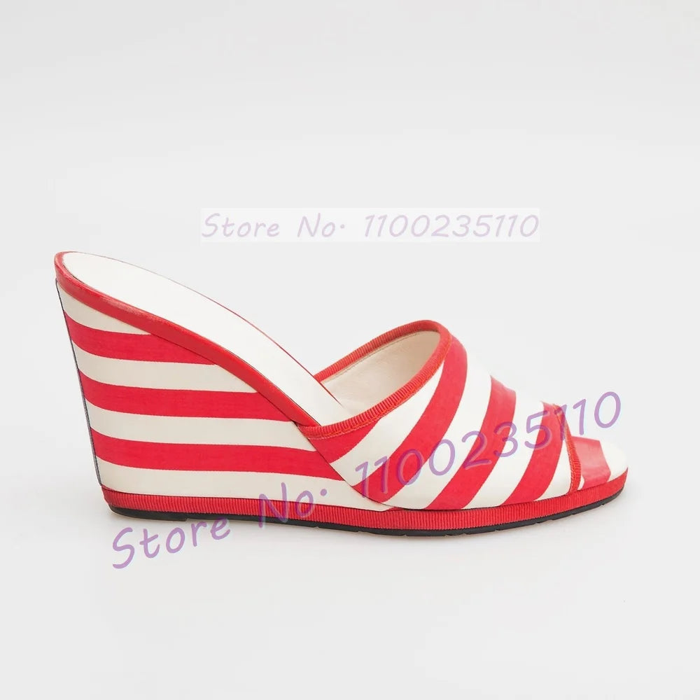 Elegant Red Stripe Canvas Open Toe Wedge Mules For Women