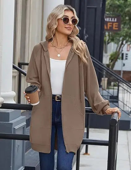 Solid Color Long Sleeve Zippered Hoodies For Women
