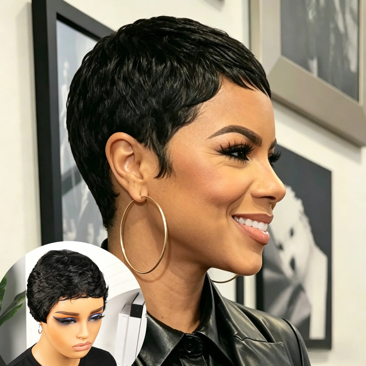 Short Pixie Cut Human Hair Wig With Bangs for Women