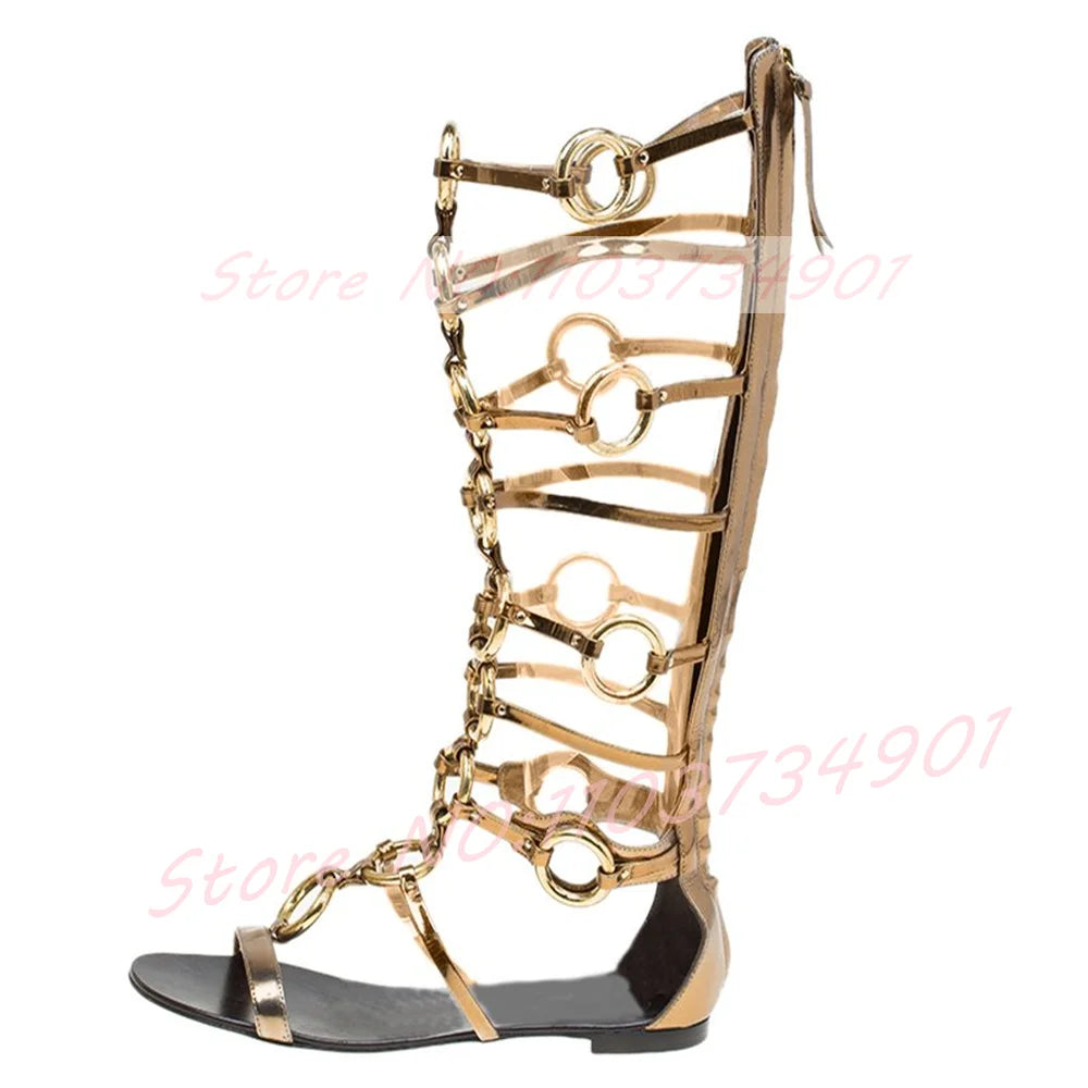 Black Leather Open Toe Metal Ring Strap Gladiator Sandals For Women