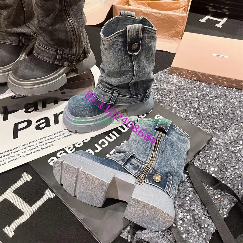 Design Women High Platform Sole Denim Flat Ankle Boots Lady Jeans Ankle Boots Platform Flat Denim Boots