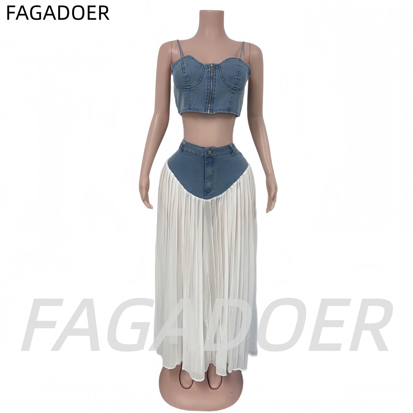 Spaghetti Strap Crop Top Denim Patchwork Two Piece Set for Women