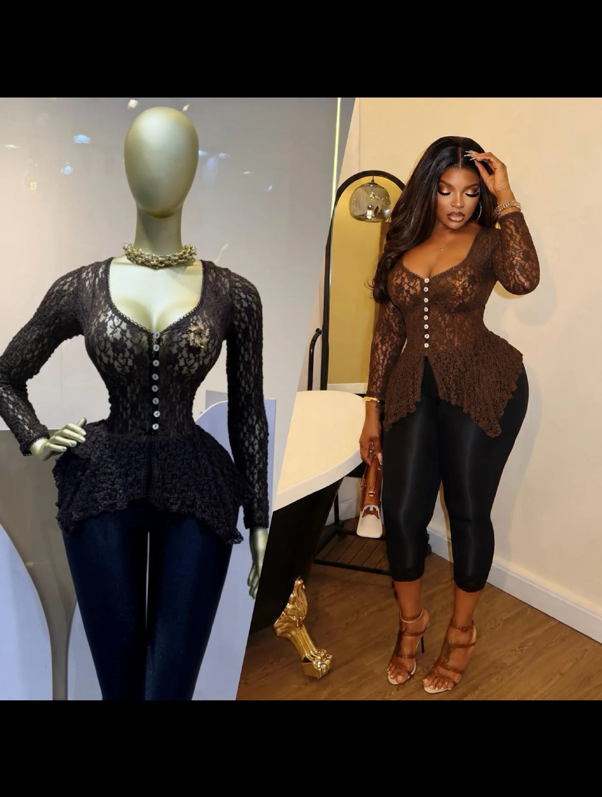 Floral Lace Sheer Button Up Peplum Blouse for Women