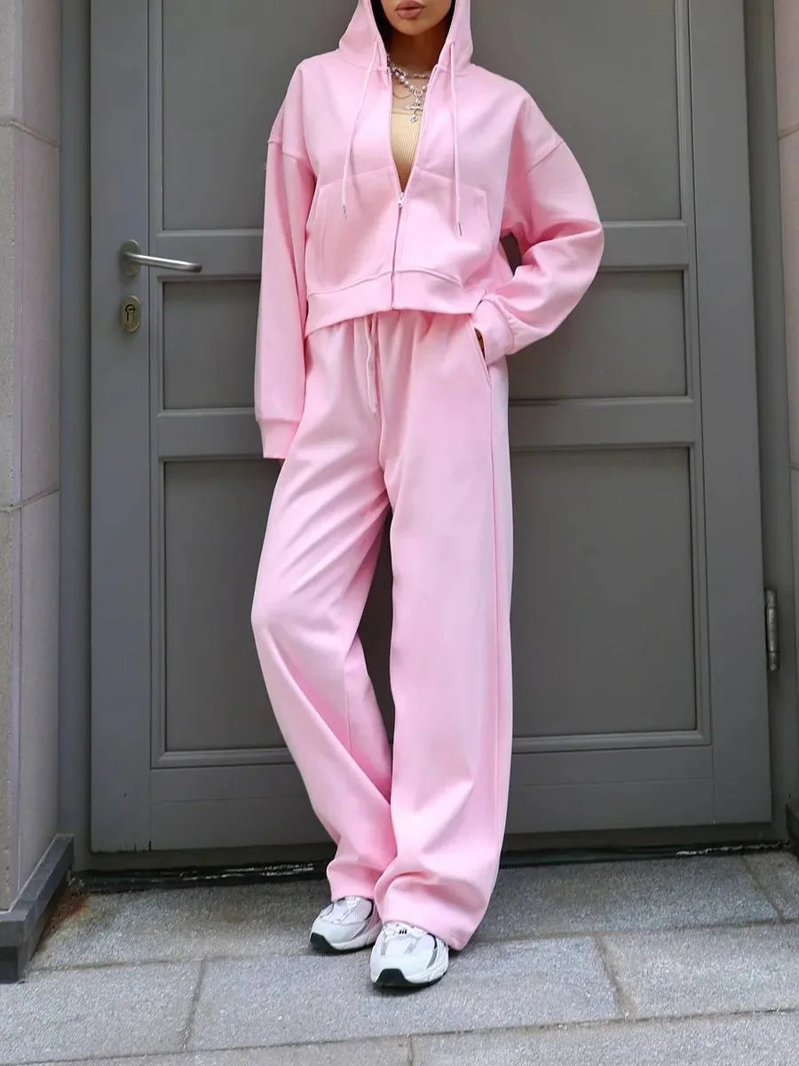 FSMG Casual Hooded Zippers Sweatshirts Pants Set Long Sleeved Cardigan Lace-up Sportswear Two Pieces Set Female Tracksuit Suit