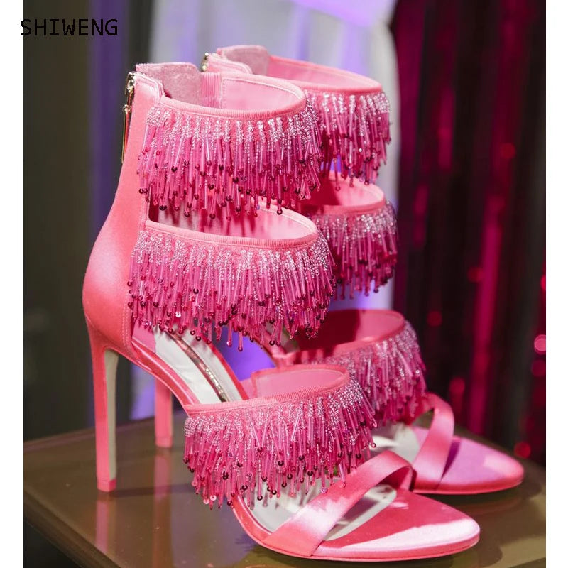 Rhinestone Tassel Open Toe Thin Heel Sandals for Women