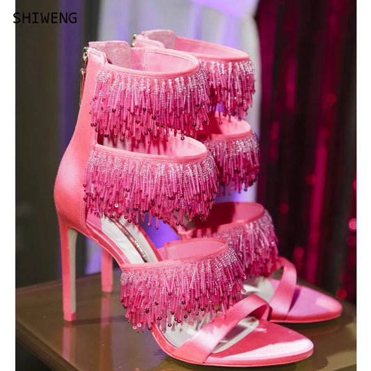 Rhinestone Tassel Back Strap Sandals