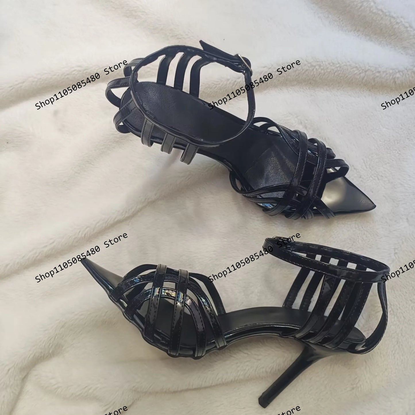 Black Patent Leather Cross Strap Caged Pointed Toe High Heel Sandals for Women