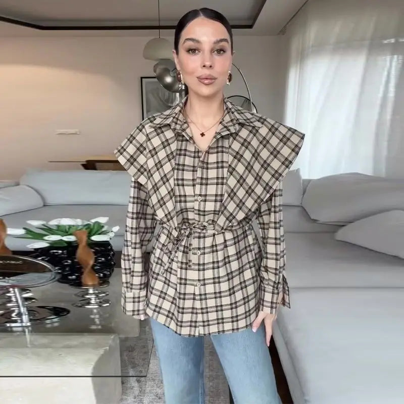 Elegant Plaid Patchwork Long Sleeve Shirt for Women