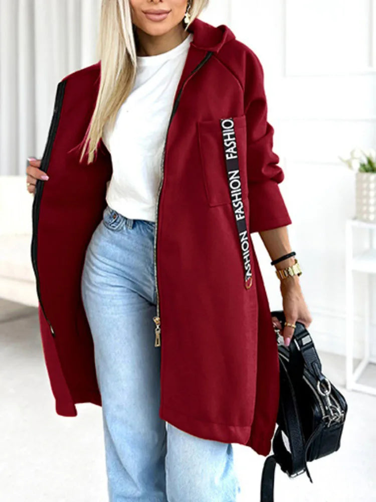 Autumn Winter Pockets Spliced Zipper Coat New Thick Warm Solid Color Women's Jacket Hooded Sports Long Sleeved Lady Outerwear