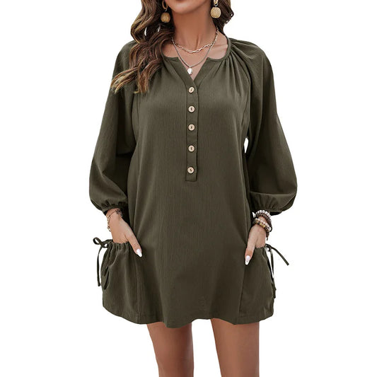 Women's Short T-shirt Dress Long Lantern Sleeve Round Neck Solid Color Button Up Dress with Pockets