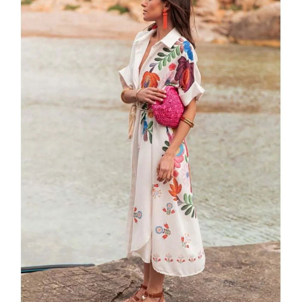 Bohemian Printed Lace-Up Loose-Fit Midi Dress for Women
