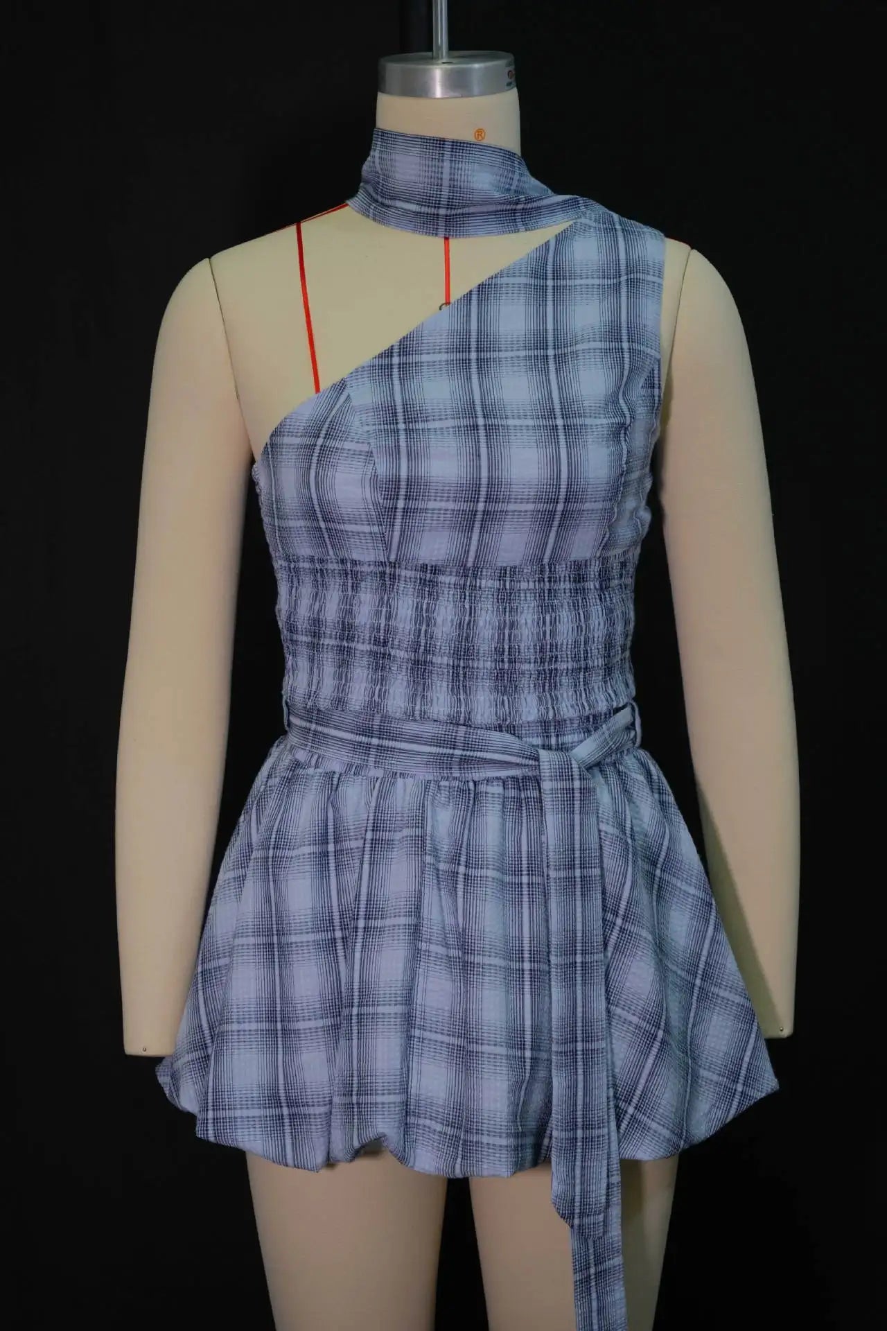 Blue Plaid Halter Cutout Mini Two Piece Set for Women