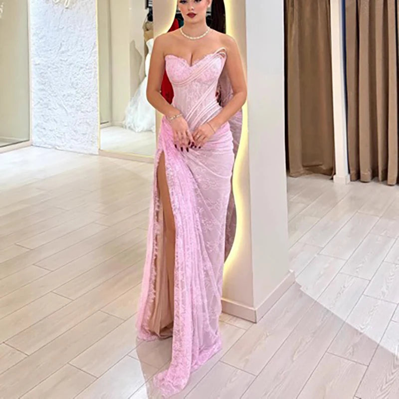 Pink Lace Wrap Backless Strapless A-Line Dress for Women