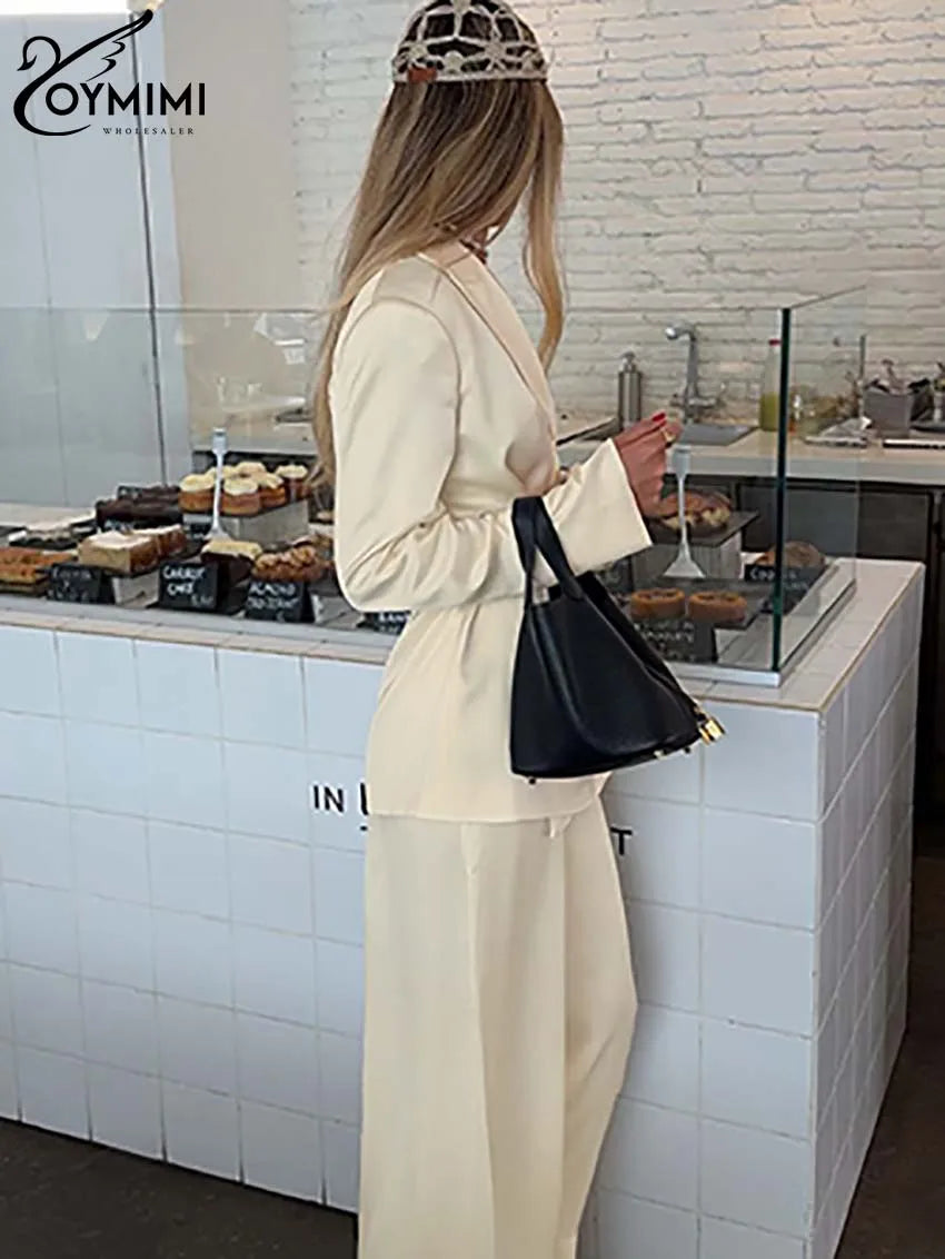 Oymimi Elegant Apricot 2 Piece Sets Women Outfit Fashion Long Sleeve Lace-Up Shirts And High Waist Straight Simple Trousers Sets