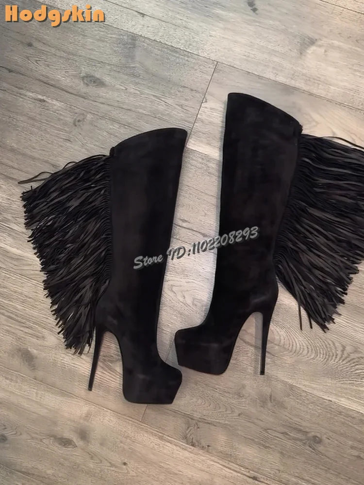 Fringe Suede Knee High Platform Heeled Boots for Women