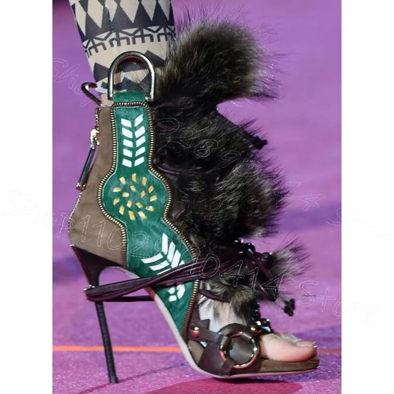 Strappy Foliage Print Sandals With Thin Heel And Back Zipper For Women