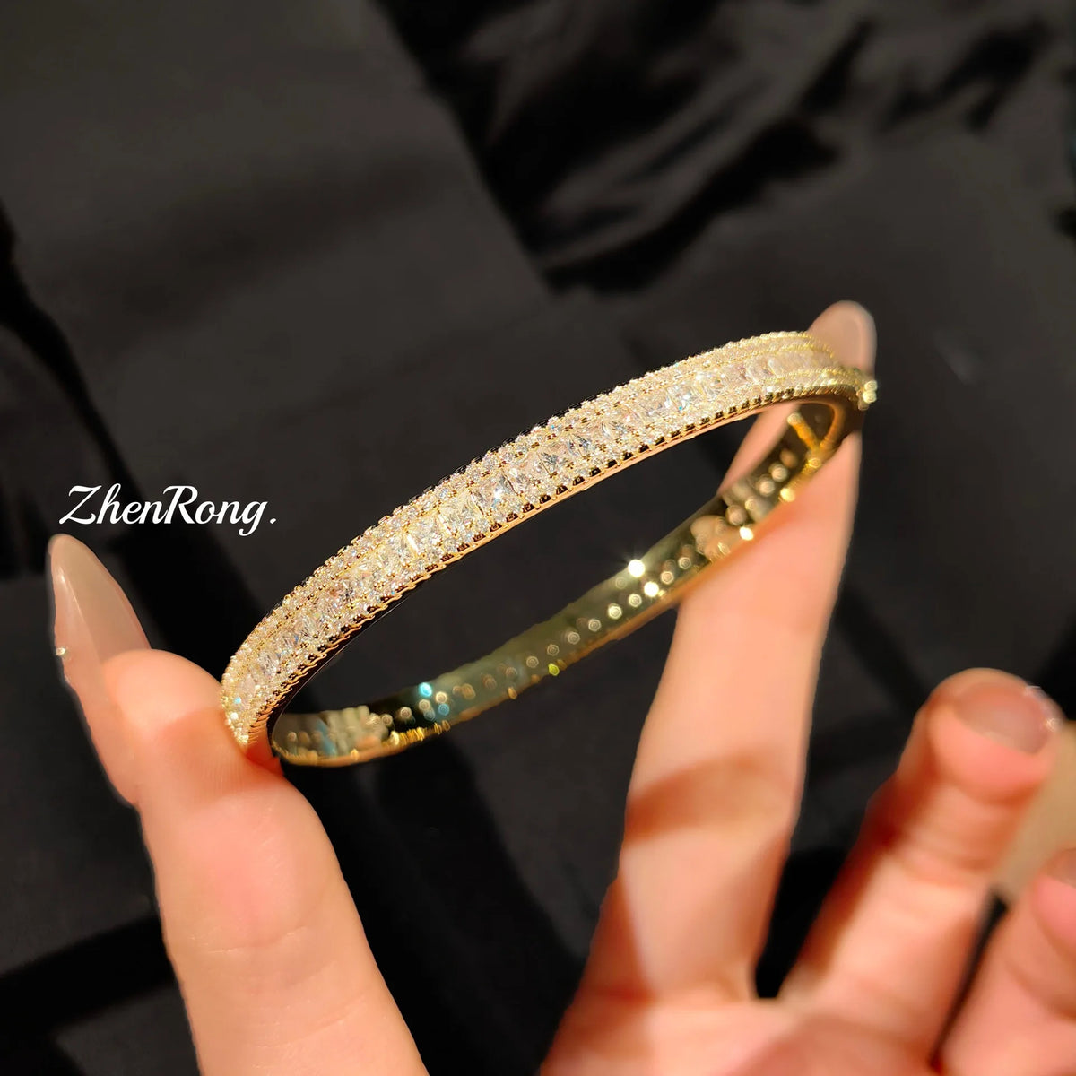 Elegant Gold Tone Paved Zirconia Bangle Bracelet for Women
