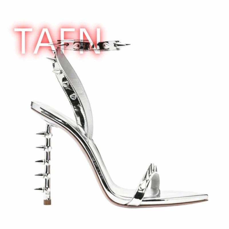 Metallic Spiked Rivets Open Toe Ankle Strap Stiletto Sandals for Women