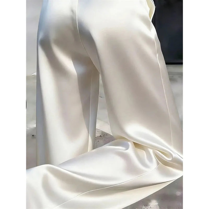 High Waist Solid Color Satin Wide Leg Trousers For Women