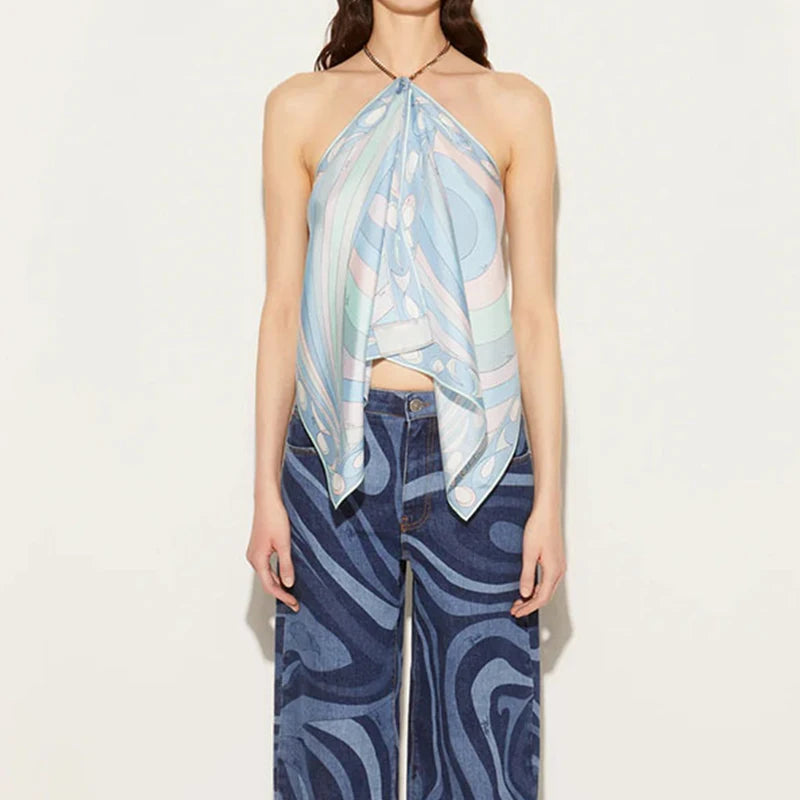 New 2025 Vacation Hollow Sleeveless Bohemian Shirt Chain Halter Pleated Club T-shirts Satin Print Slim Fit Women's Top Blouses