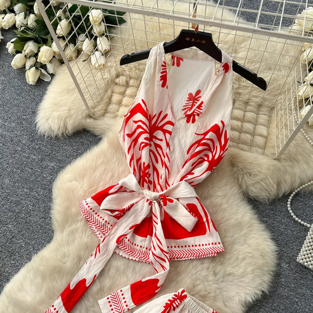 Boho Print Lace-Up Tank Top and Wide-Leg Pants Set for Women
